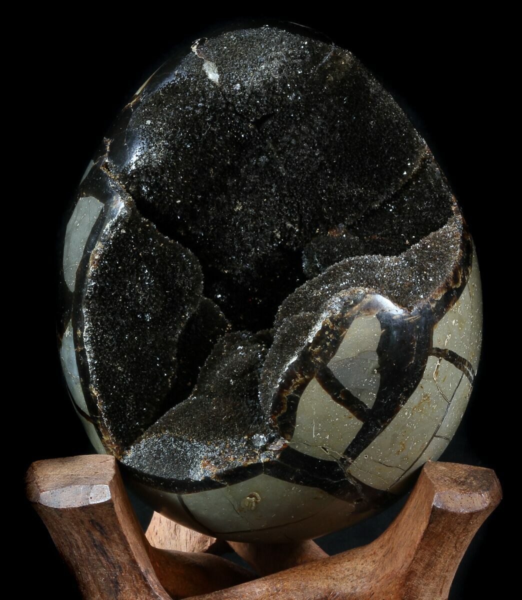 4.65" Septarian "Dragon Egg" Geode Shiny Black Crystals For Sale